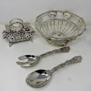 Vintage Godinger Silver Grape Serving Set 4pc Bowl Napkin Holder Salad Servers